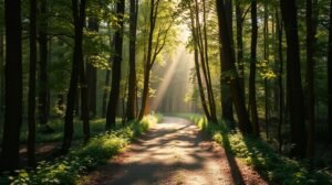 womensway 143 Fényes ösvény elágazás a fák között egy erdőben