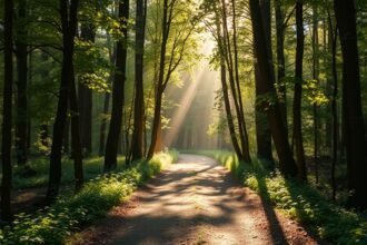 Fényes ösvény elágazás a fák között egy erdőben