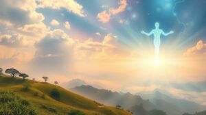 Egy spirituális lény megjelenése a napfelkeltében hegyek felett.