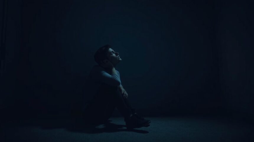 Egy fiatal férfi szorongva ül egy sötét szobában.