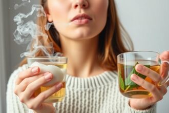 Nő gőzölő teát tart, természetes megoldások orrdugulásra.