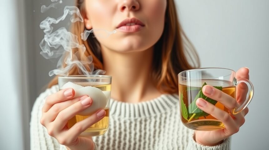 Nő gőzölő teát tart, természetes megoldások orrdugulásra.