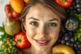 Fiatal nő zöldségekkel és gyümölcsökkel körülvéve