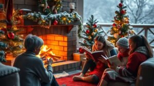 womensway 130 Családi karácsonyi pillanatok egy kandallónál, ahol könyveket olvasnak.