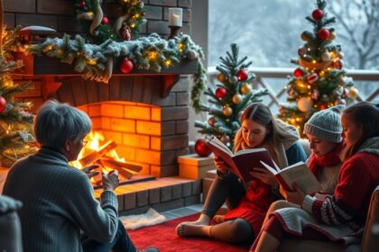 Családi karácsonyi pillanatok egy kandallónál, ahol könyveket olvasnak.