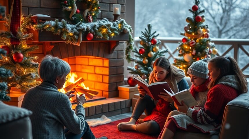 Családi karácsonyi pillanatok egy kandallónál, ahol könyveket olvasnak.
