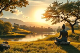 Meditáló figura a naplementében, békés tájjal a háttérben.