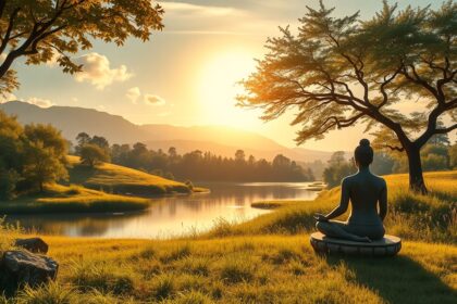 Meditáló figura a naplementében, békés tájjal a háttérben.