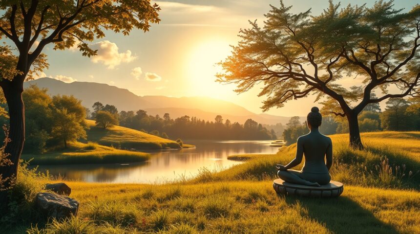 Meditáló figura a naplementében, békés tájjal a háttérben.