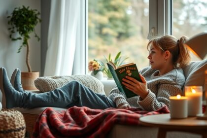 Nő pihen egy kényelmes kanapén, miközben könyvet olvas egy meleg takaró alatt.
