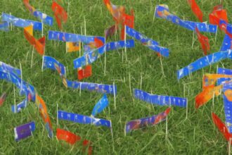 Fűben elhelyezett mérőszalagok, amelyek a felnőtt magasság előrejelzését segítik.