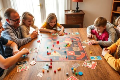 Család játszik társasjátékot egy asztalnál, közös élményekkel.