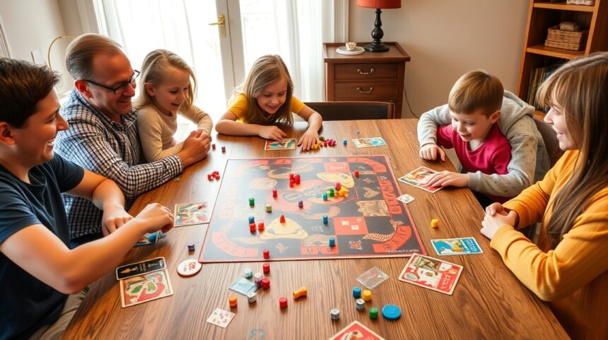 Család játszik társasjátékot egy asztalnál, közös élményekkel.