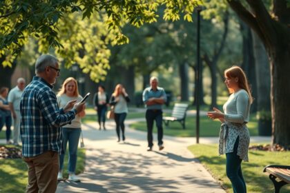 Két ember beszélget egy napfényes parkban, kedvességet terjesztve.