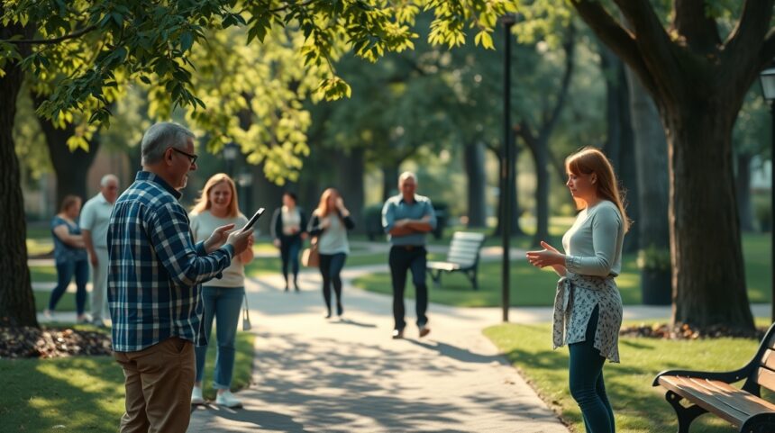 Két ember beszélget egy napfényes parkban, kedvességet terjesztve.