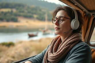 Nő érzékeny módon, fülhallgatóval relaxál egy vízparti járművön.
