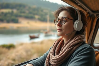 Nő érzékeny módon, fülhallgatóval relaxál egy vízparti járművön.