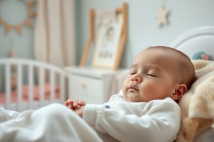 Nyugodt baba alvás közben egy csecsemőágyban