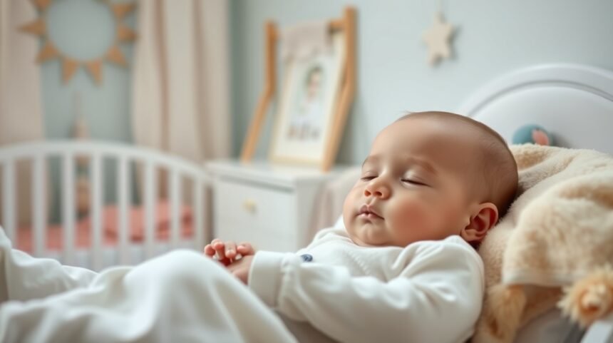 Nyugodt baba alvás közben egy csecsemőágyban