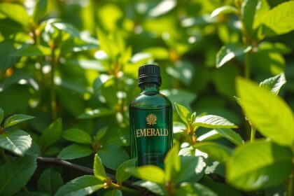 Emerald olaj üvegpalack zöld levelek között