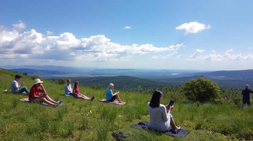 Csoport emberek a természetben, digitális detox élmények közben.