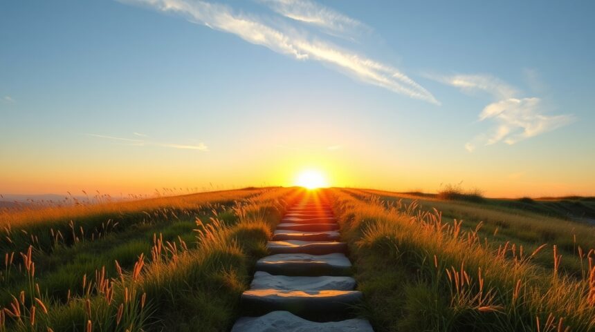 Naplemente egy lépcsősoron, amely az egészséges életmódhoz vezet.