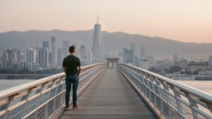 Egy férfi a hídon, városkép a háttérben, a közösség keresése