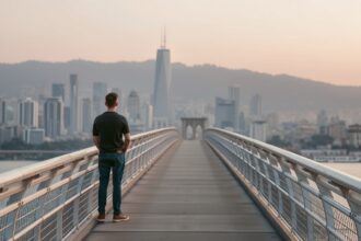 Egy férfi a hídon, városkép a háttérben, a közösség keresése