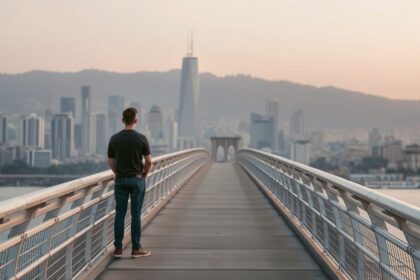 Egy férfi a hídon, városkép a háttérben, a közösség keresése