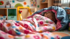 Egy kisgyerek békésen alszik színes hálózsákban.