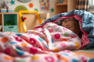 Egy kisgyerek békésen alszik színes hálózsákban.