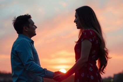 Fiatal pár romantikus pillanata naplementében, kézen fogva.