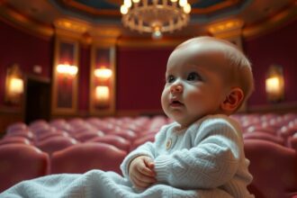 Baba a színházban, várva az előadás kezdetére.