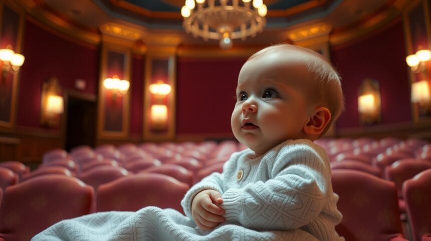 Baba a színházban, várva az előadás kezdetére.
