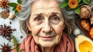 Idős nő, ráncokkal és természetes összetevőkkel, bőrápoláshoz.