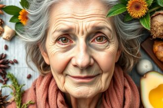 Idős nő, ráncokkal és természetes összetevőkkel, bőrápoláshoz.