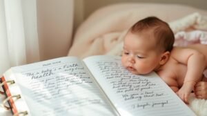 Baba egészségnaplója nyitva, kisbaba figyeli az írásokat.