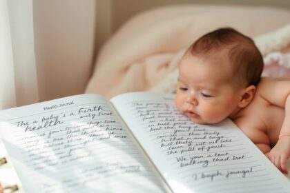 Baba egészségnaplója nyitva, kisbaba figyeli az írásokat.