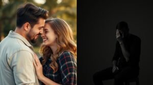 Egy boldog pár és egy szomorú férfi, a szerelem és a függőség kontrasztja.