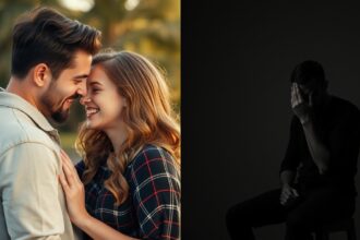 Egy boldog pár és egy szomorú férfi, a szerelem és a függőség kontrasztja.