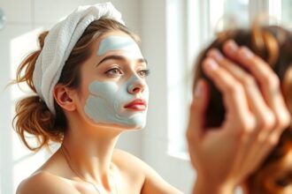 Nő hajmaszkot alkalmaz a fürdőszobában, hajápolás