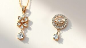 Két egyedi ékszer: arany nyaklánc virág mintával és kör alakú fülbevaló