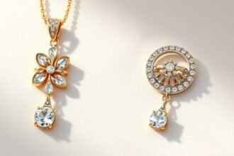 Két egyedi ékszer: arany nyaklánc virág mintával és kör alakú fülbevaló