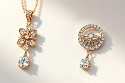 Két egyedi ékszer: arany nyaklánc virág mintával és kör alakú fülbevaló