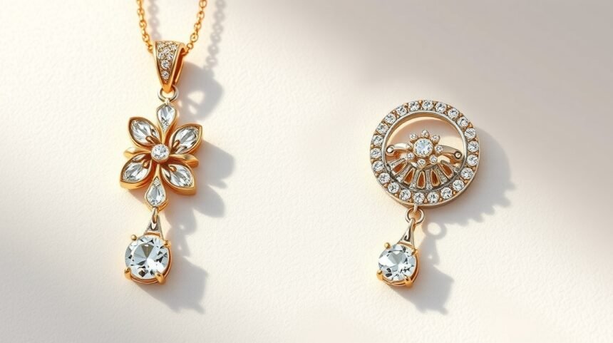 Két egyedi ékszer: arany nyaklánc virág mintával és kör alakú fülbevaló