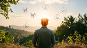 Férfi áll egy gyönyörű tájban, a nap felkeltével, gondolkodva a boldogságról.