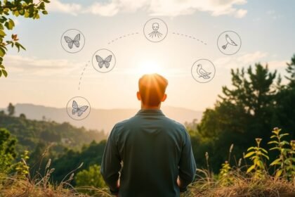 Férfi áll egy gyönyörű tájban, a nap felkeltével, gondolkodva a boldogságról.