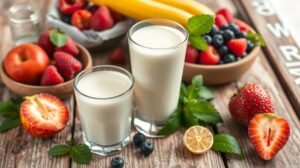 Kefir ital és friss gyümölcsök egészséges táplálkozáshoz