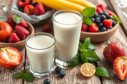 Kefir ital és friss gyümölcsök egészséges táplálkozáshoz