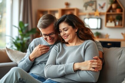 Egy pár, aki támogató módon beszélget a kanapén, depresszióval kapcsolatos témáról.